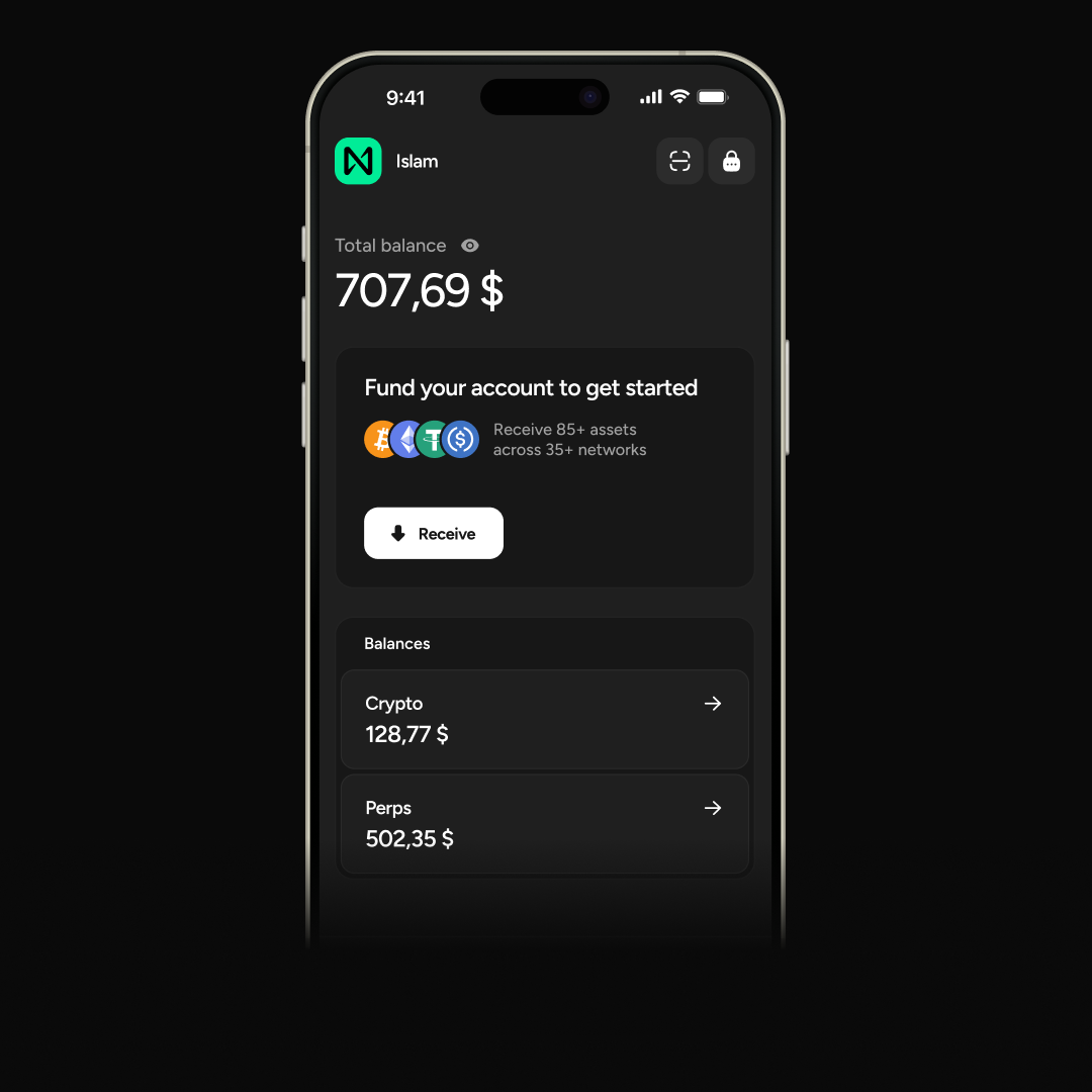 Near Wallet — главный экран с общим балансом, кнопкой Receive и балансами по категориям Crypto и Perps