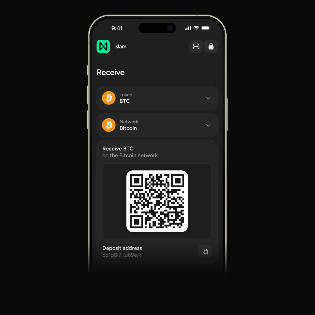 Near Wallet — экран получения криптовалюты Receive с QR-кодом и адресом кошелька