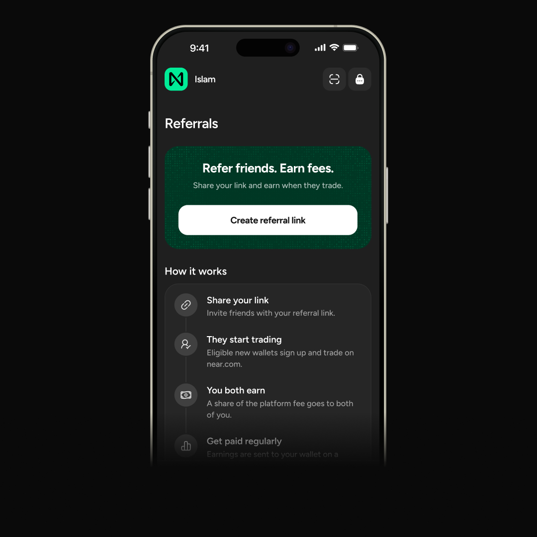 Near Wallet — экран реферальной программы с кнопкой создания ссылки и объяснением механики