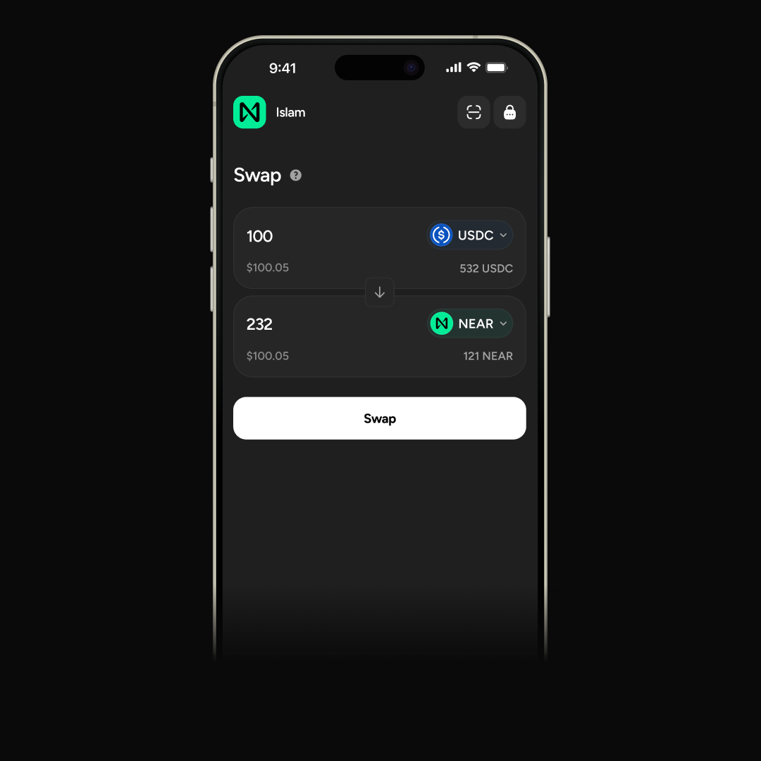 Near Wallet — экран обмена токенов Swap с выбором активов USDC и NEAR