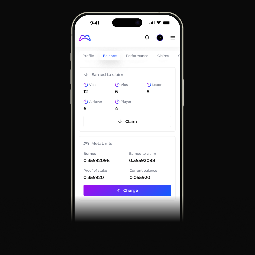 MetaPlayerOne — экран баланса с наградами, доступными для Claim, и кнопками Claim и Charge