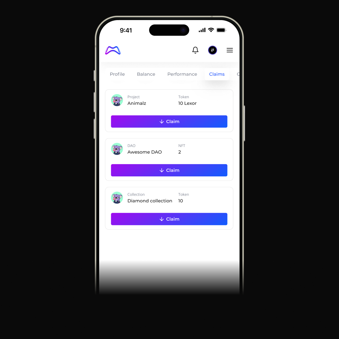 MetaPlayerOne — экран Claims со списком доступных наград от проектов, DAO и NFT-коллекций