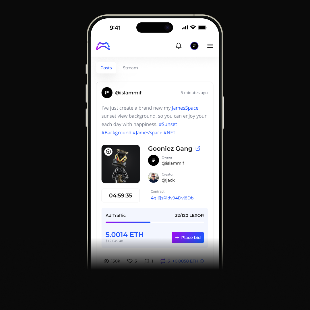 MetaPlayerOne — социальная лента с постом об NFT, автором, активностью и ставкой в ETH