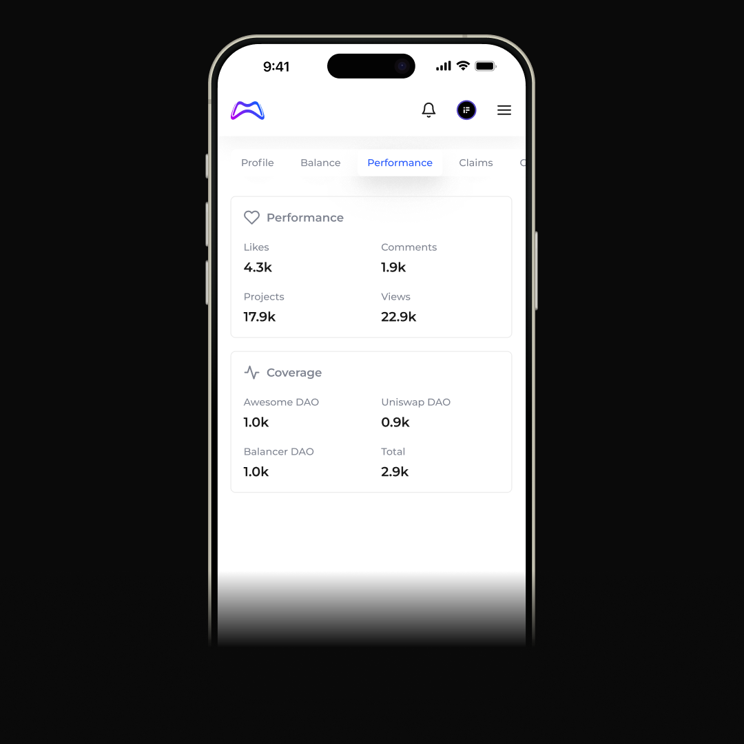 MetaPlayerOne — экран Performance с показателями Likes, Comments, Projects, Views и блоком Coverage